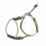 Olive green braided rope dog harness with leather accents and adjustable metal buckle, designed for small to medium breeds