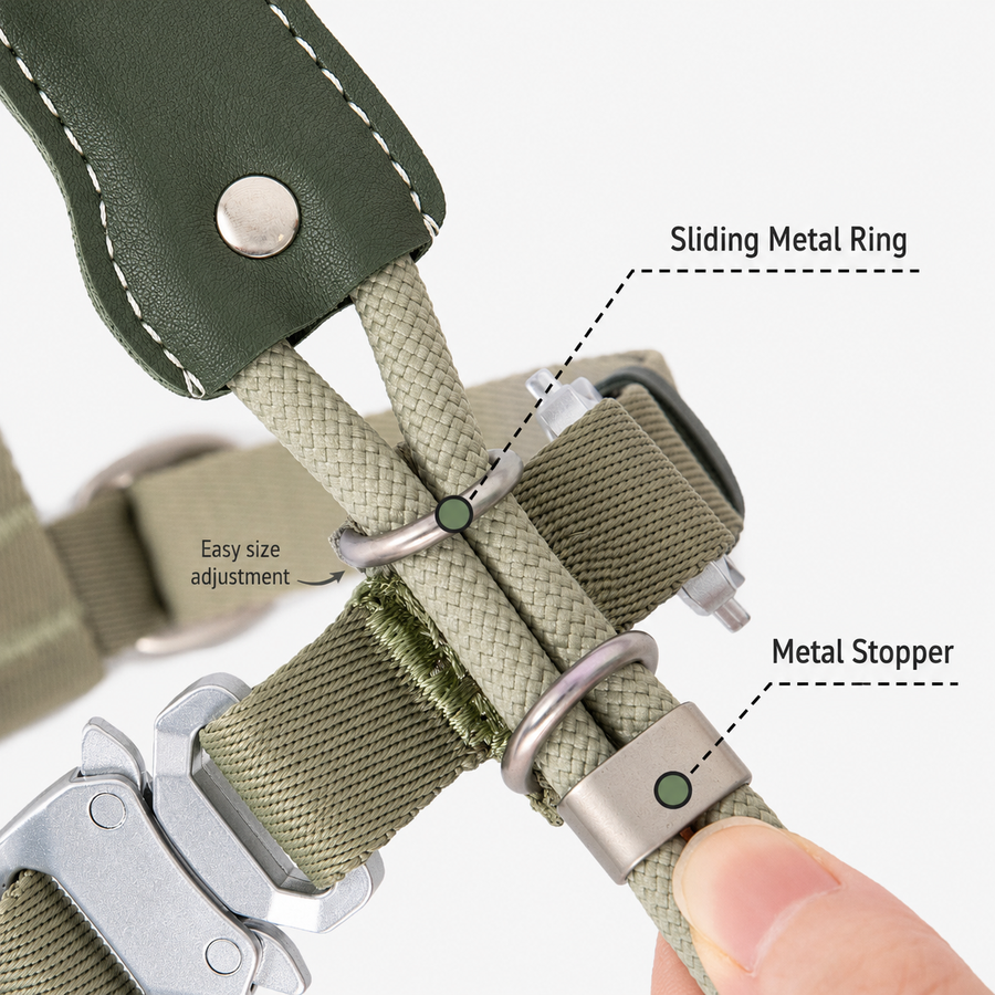 Sliding metal ring and metal stopper adjustment detail