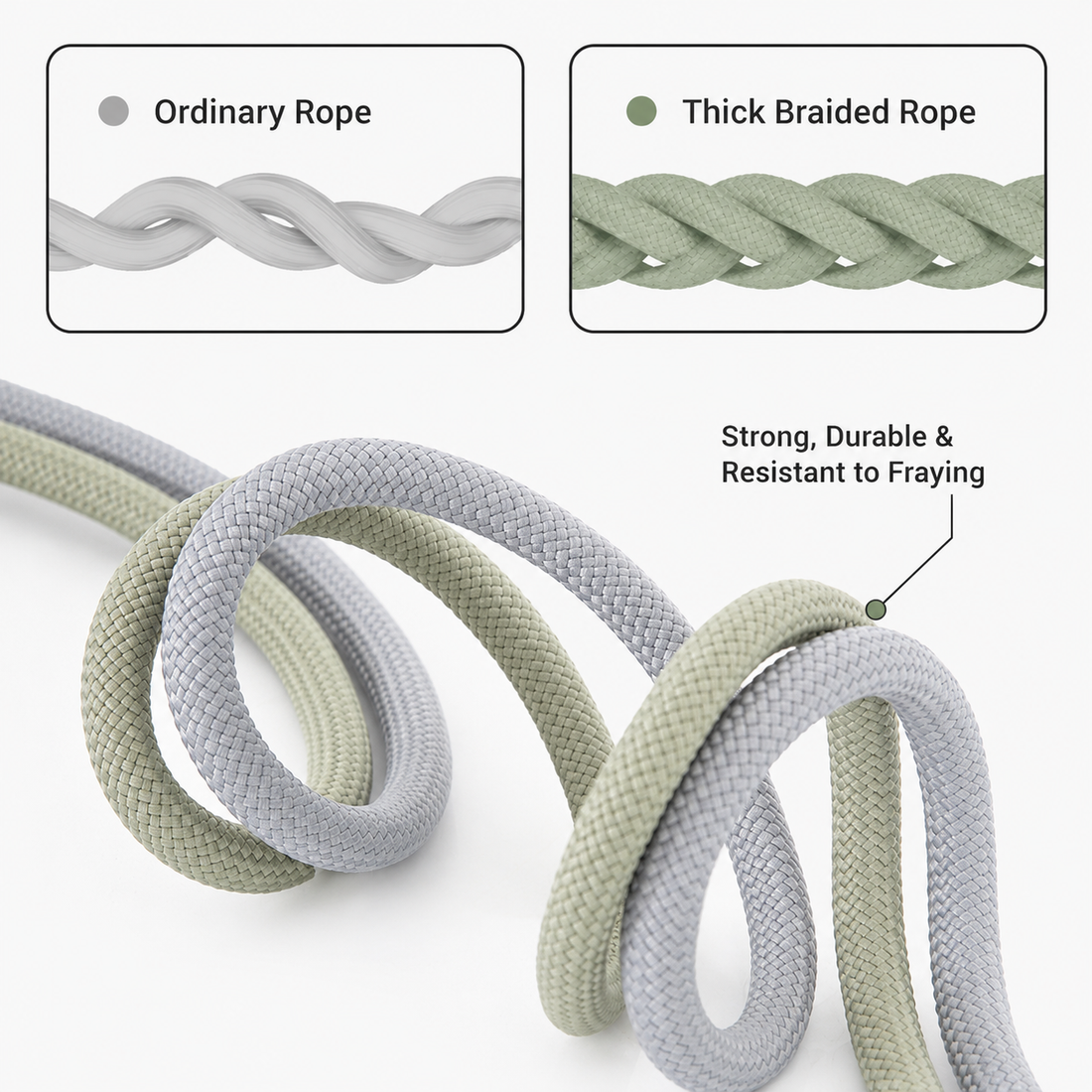Close-up comparison of thick braided dog harness rope