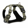 Dark moss green no-pull adjustable dog harness with breathable mesh lining and dual D-ring attachment points