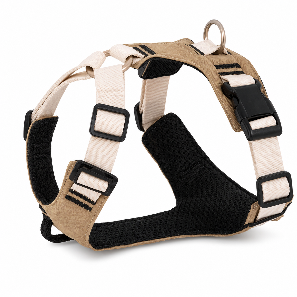 Clay brown escape-resistant dog harness featuring four-point adjustability and soft padded chest panel for comfort