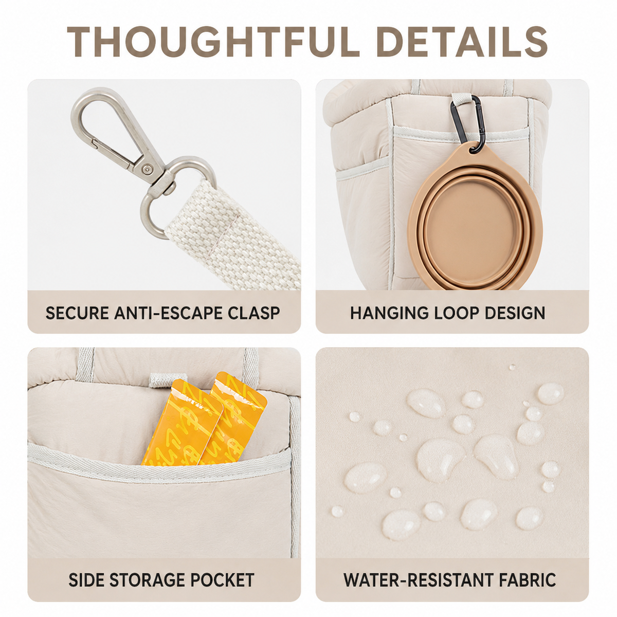 Safety tether storage loop pocket and water-resistant fabric details
