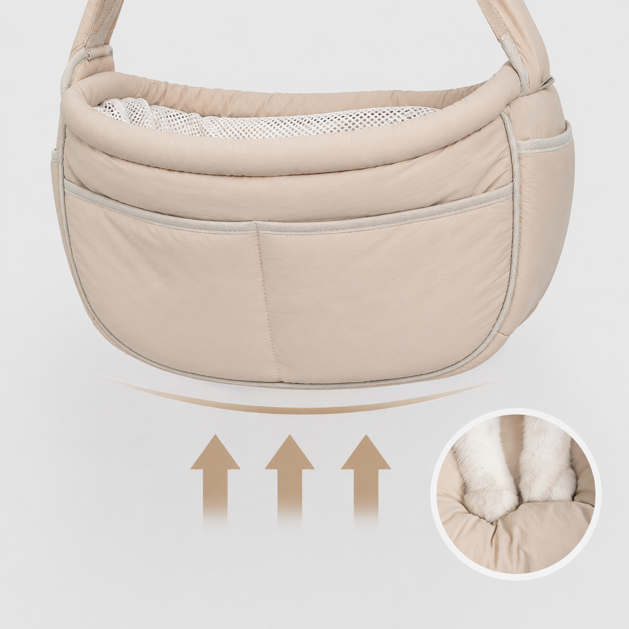 Supported padded base of a soft pet sling carrier