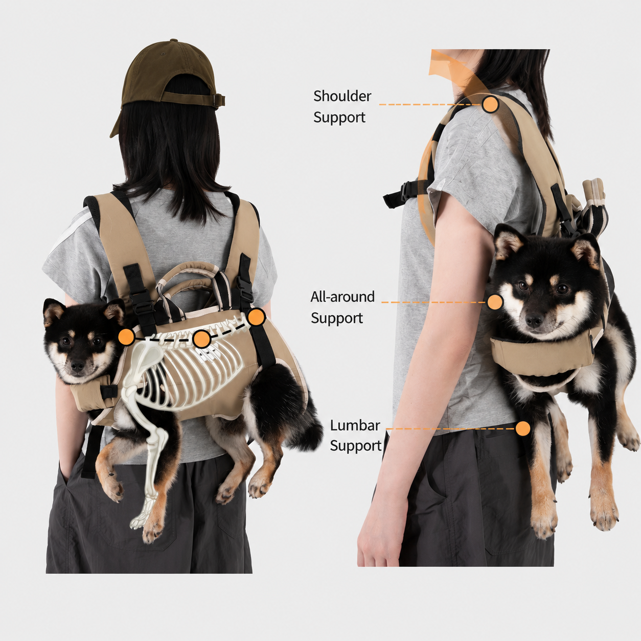 Horizontal dog carrier supporting shoulders torso and lumbar area
