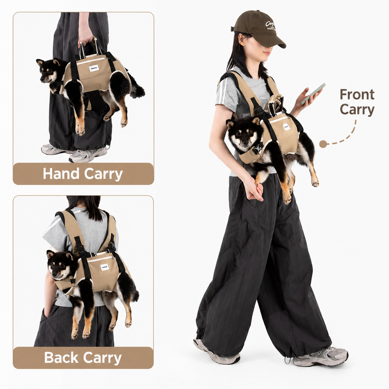 Front back and hand carrying options for dog carrier