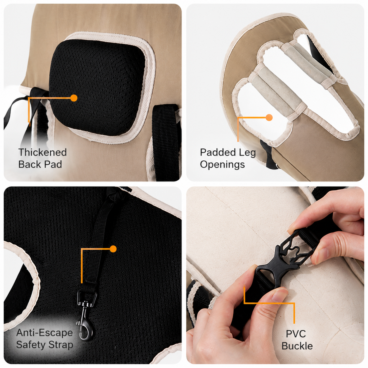 Padded leg openings and anti-escape dog carrier safety strap