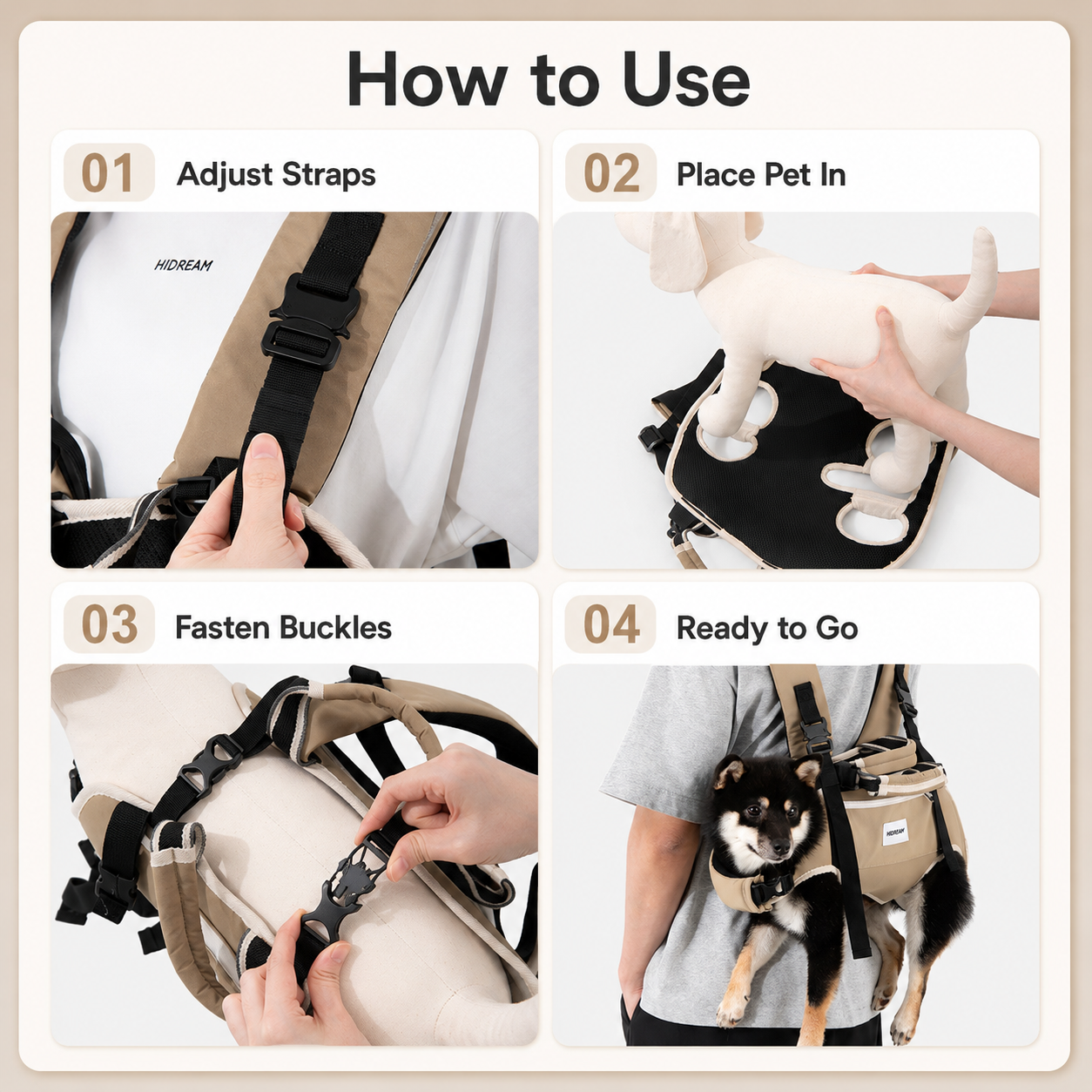 Four step guide for fitting the ergonomic dog carrier