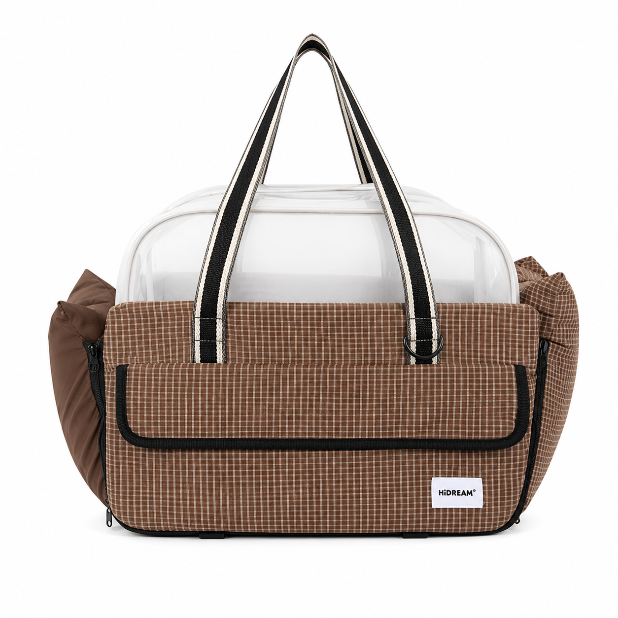 Brown grid pattern center console pet carrier