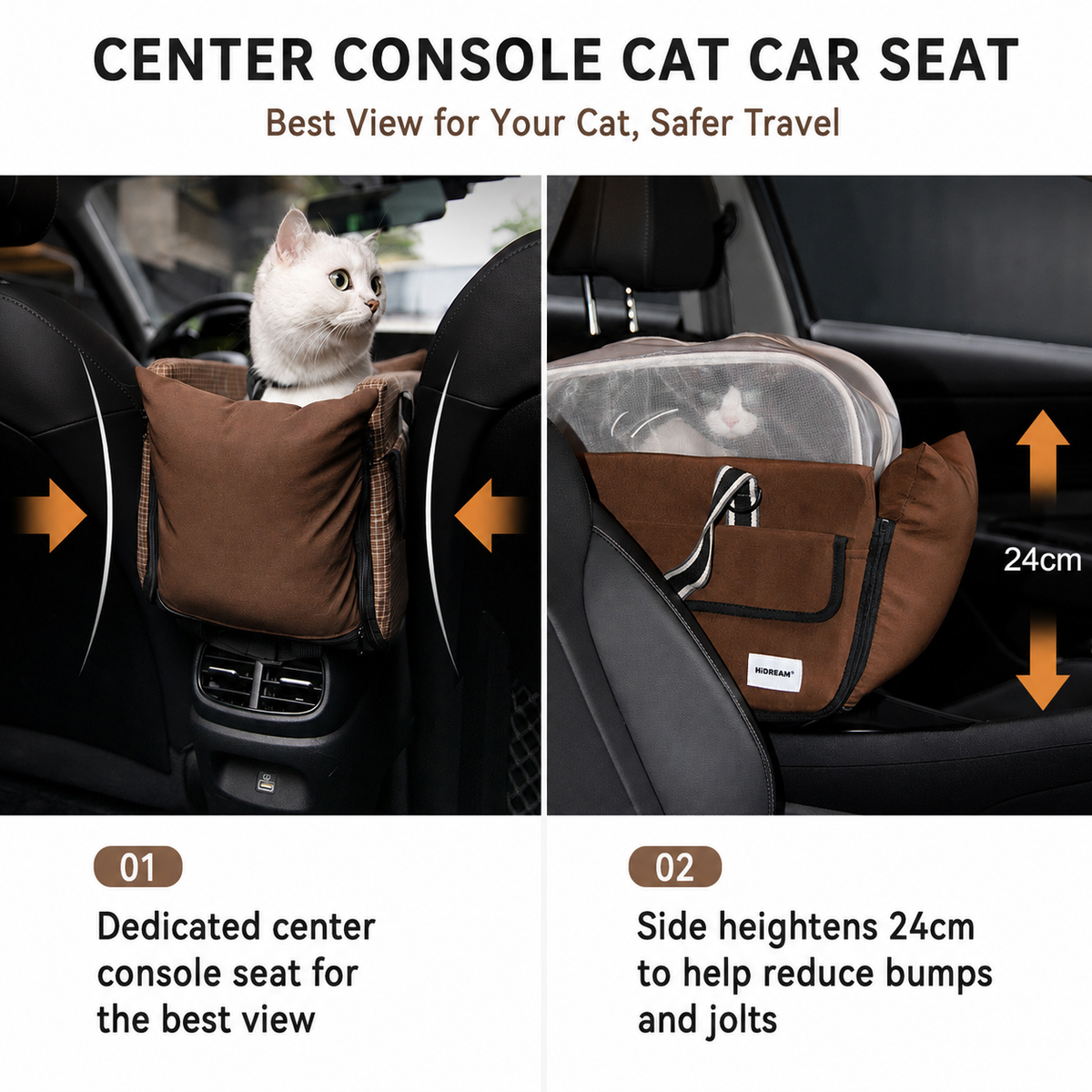 Cat protected by raised padded sides in a center console car seat