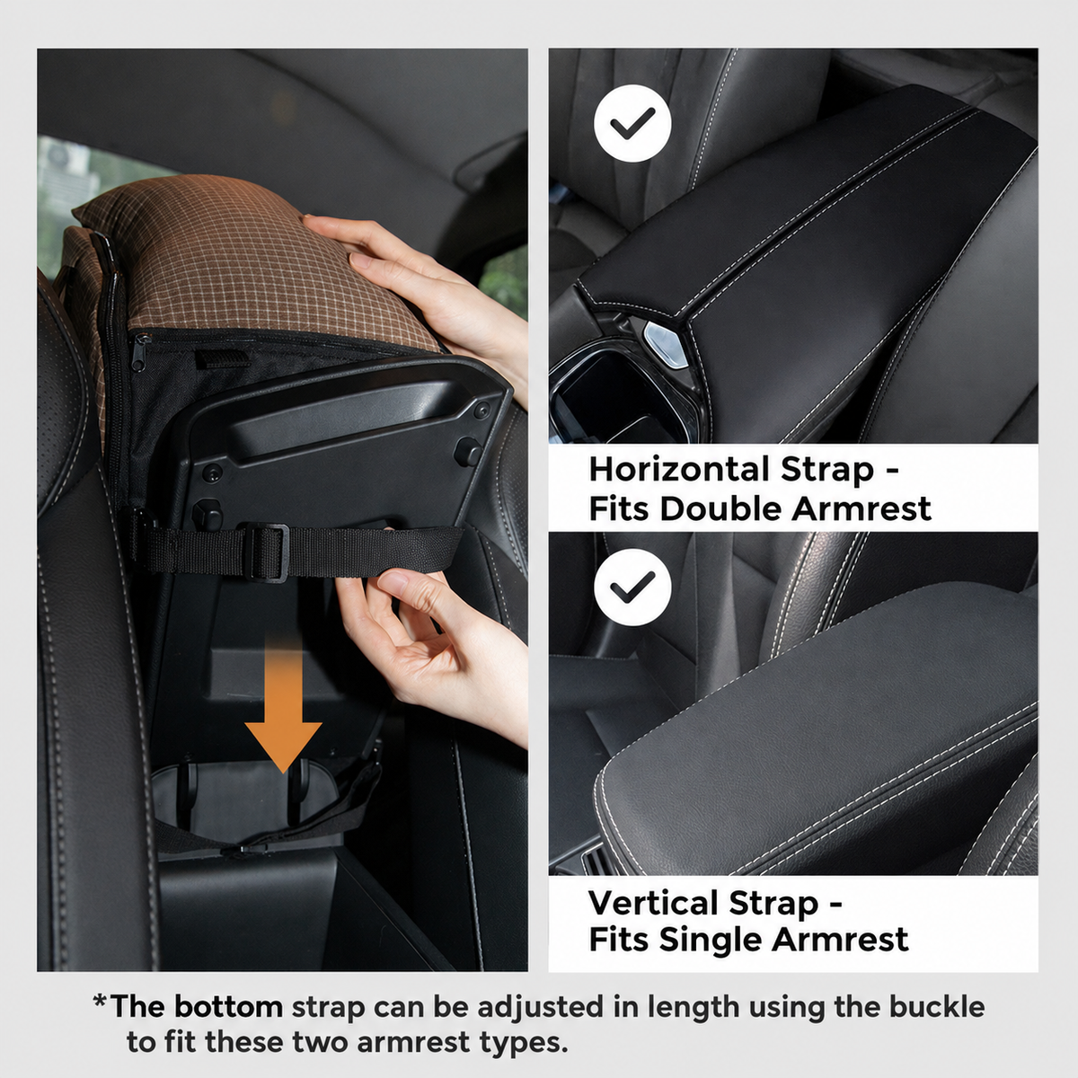 Adjustable center console pet seat securing strap