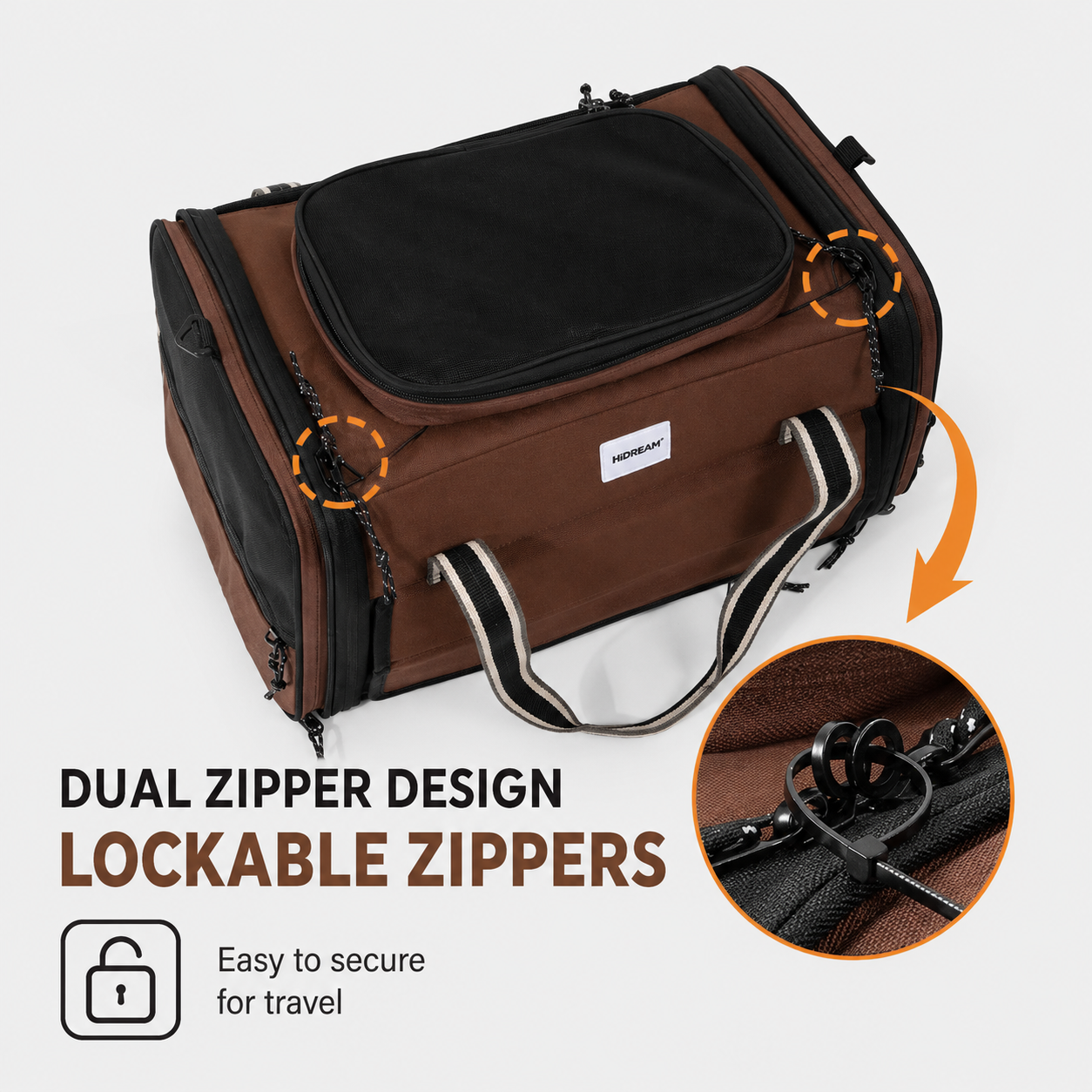Lockable double zipper design on the pet carrier