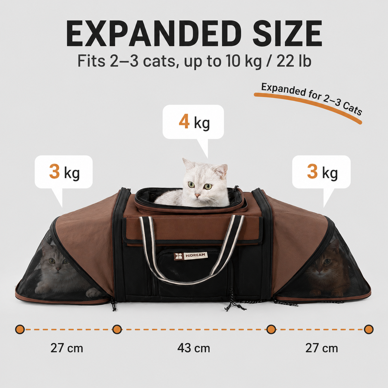 Expandable pet carrier opened to full length