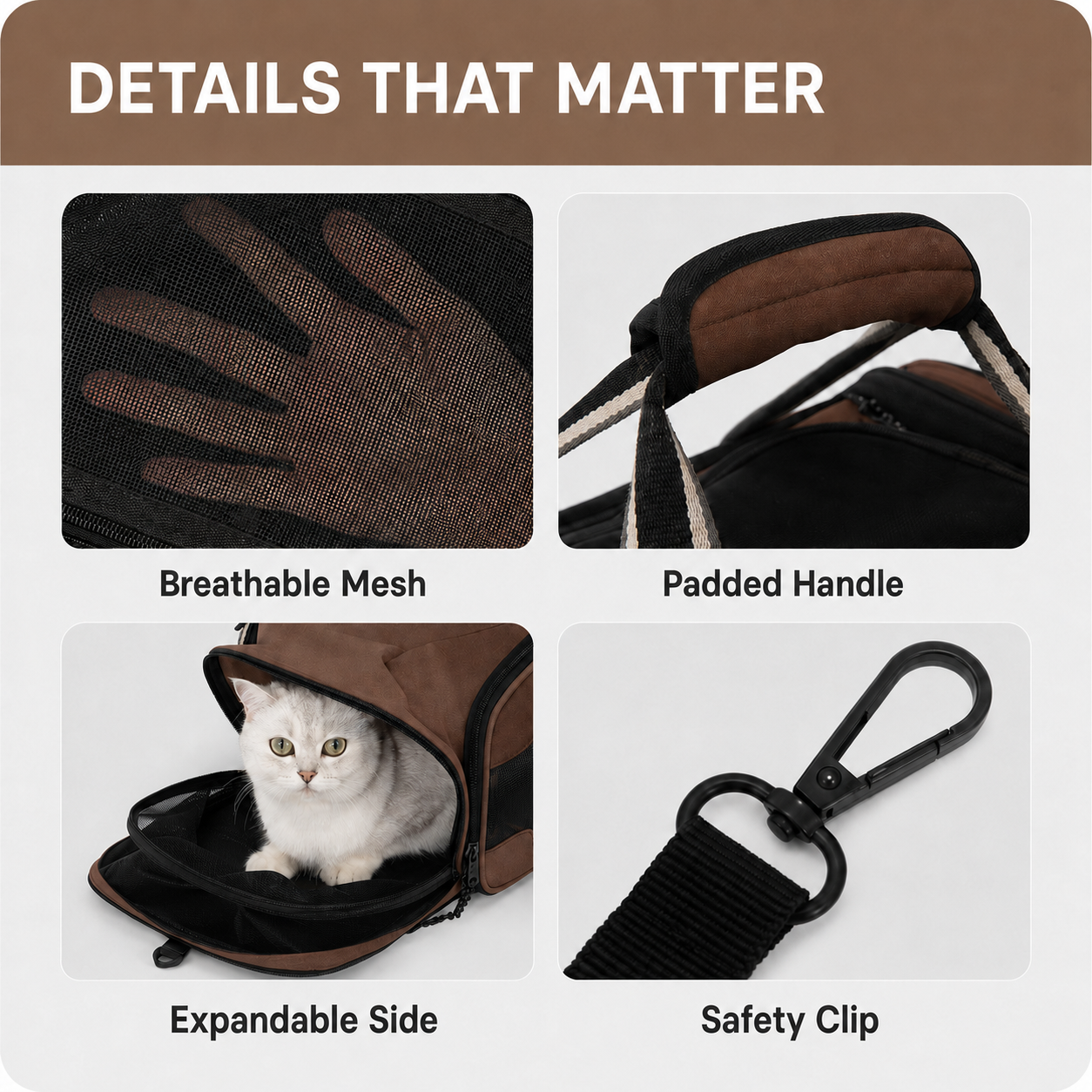 Breathable mesh, padded handle, expandable side and safety clip