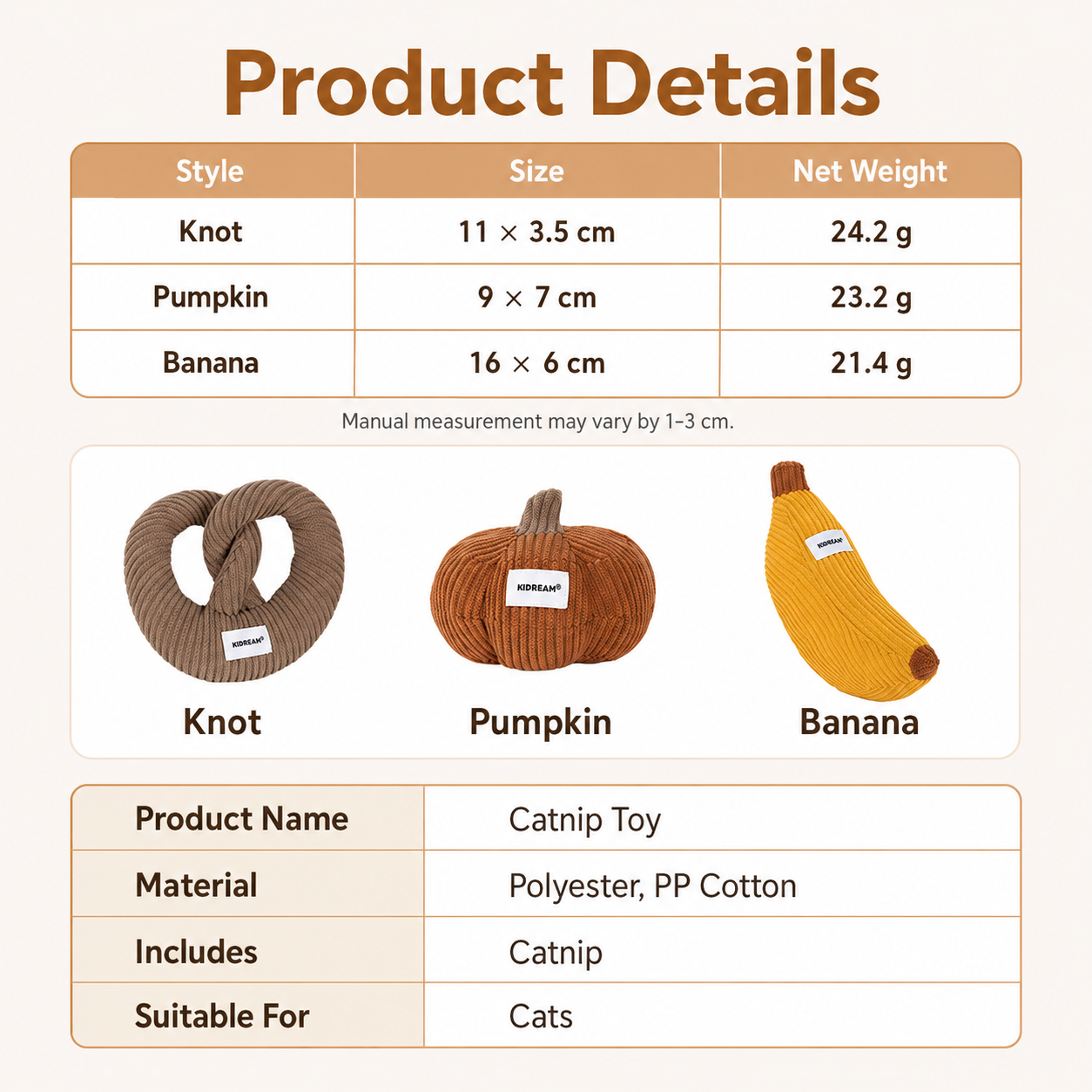 Catnip toy dimensions, weights and material information