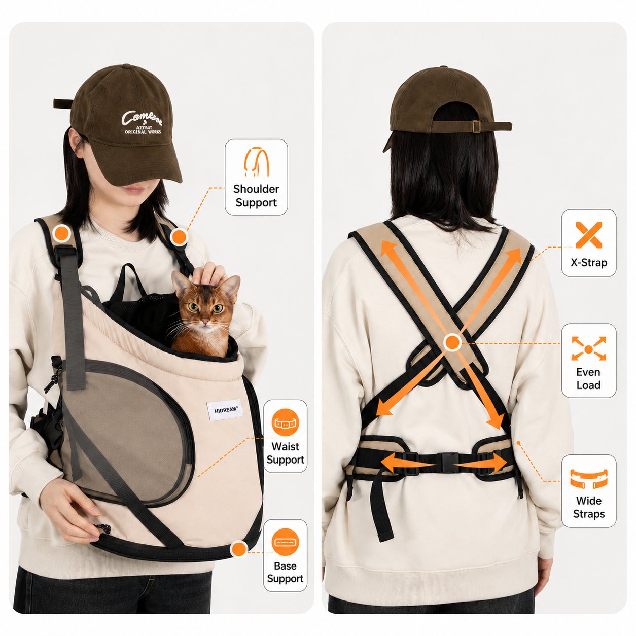 Wide shoulder straps and waist support system