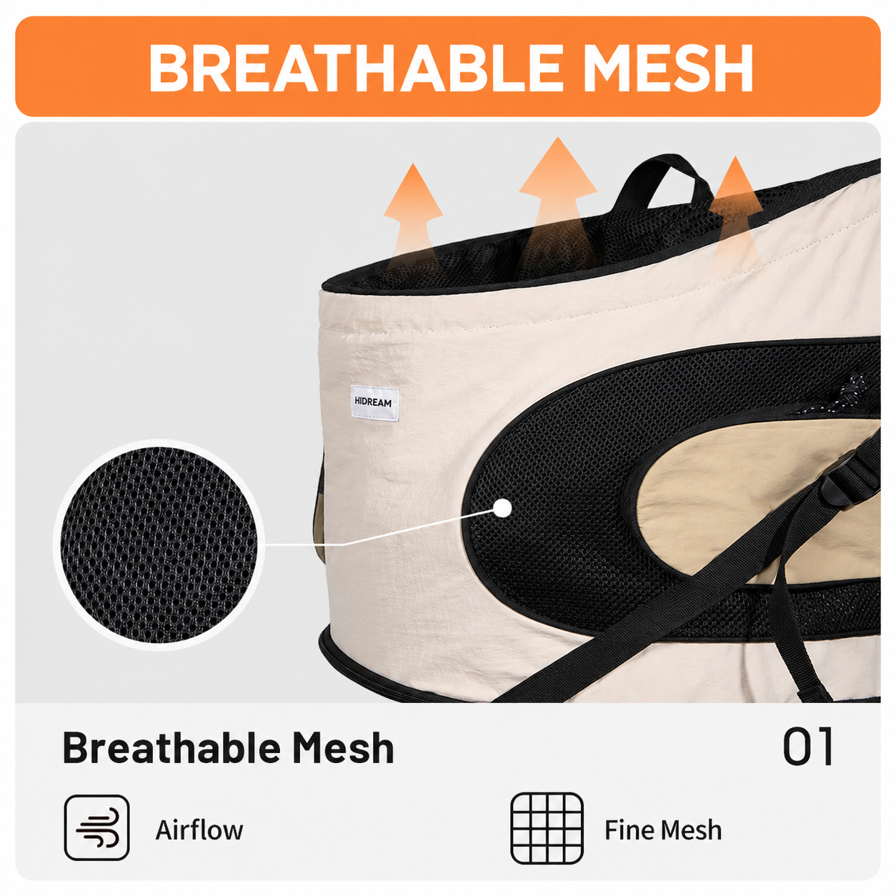 Breathable mesh panels on the pet carrier