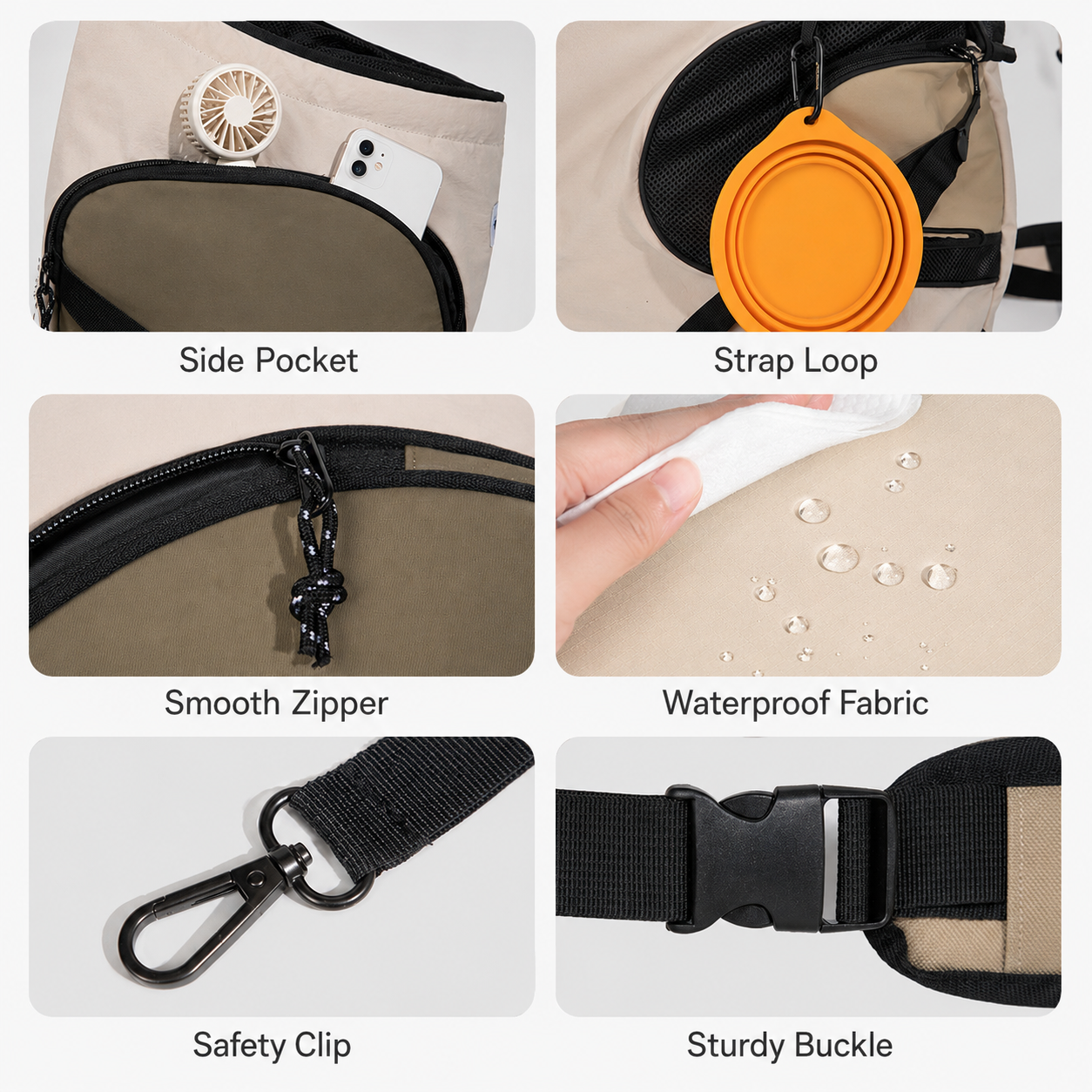Storage, zipper, tether and buckle details