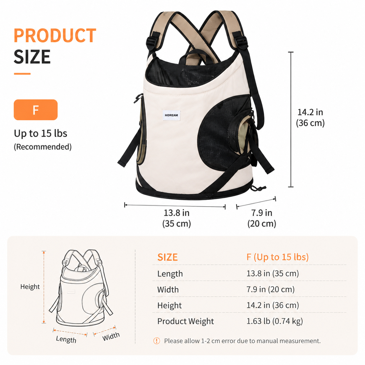 Front-facing pet carrier size guide