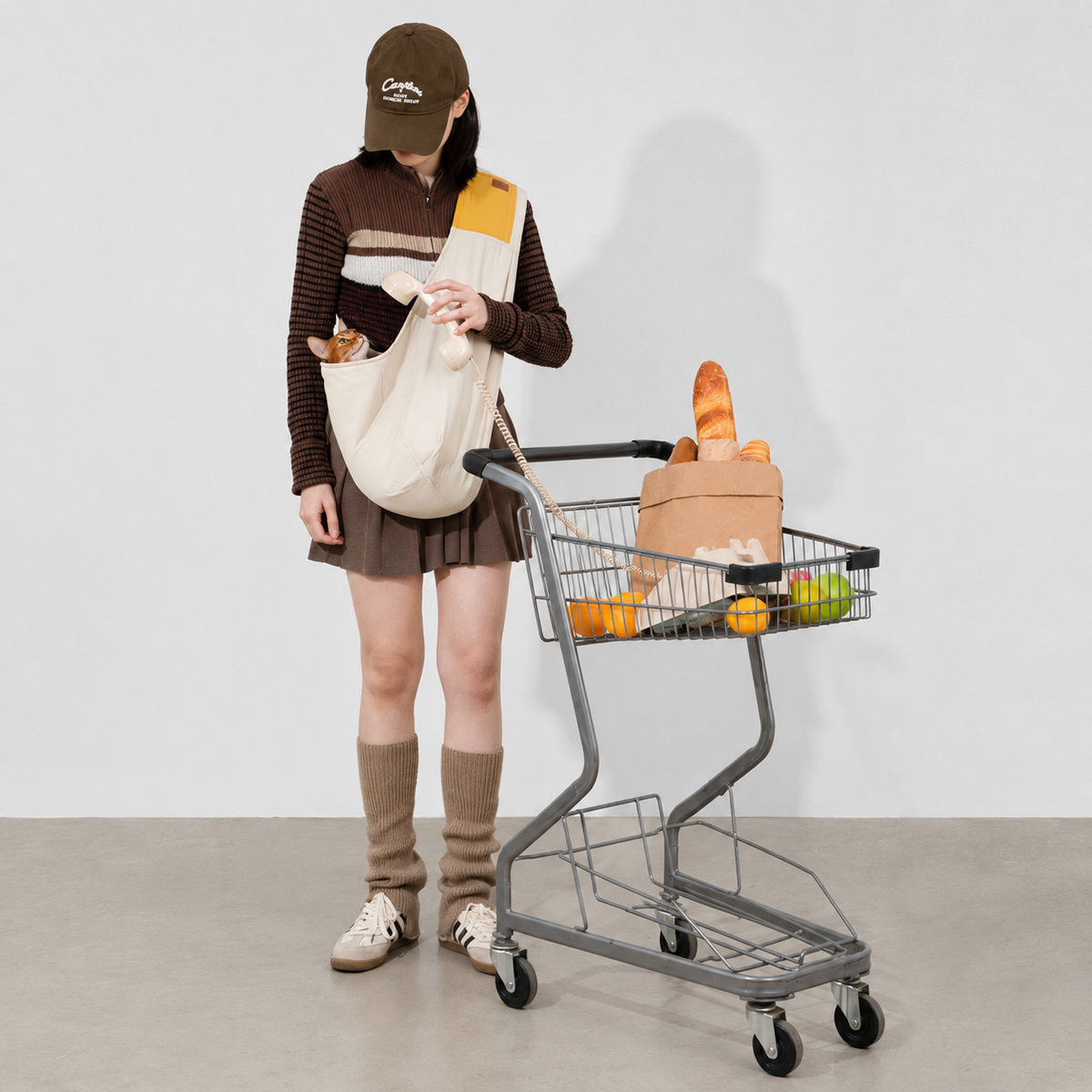 Woman shopping with a cat in a sling carrier