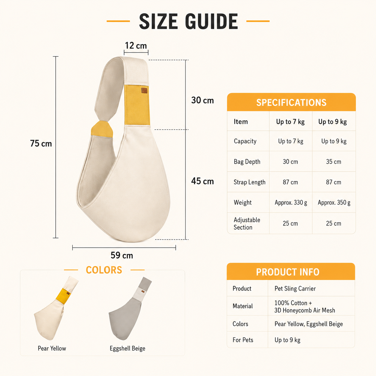 Cat sling carrier size guide for pets up to 7 kg and 9 kg