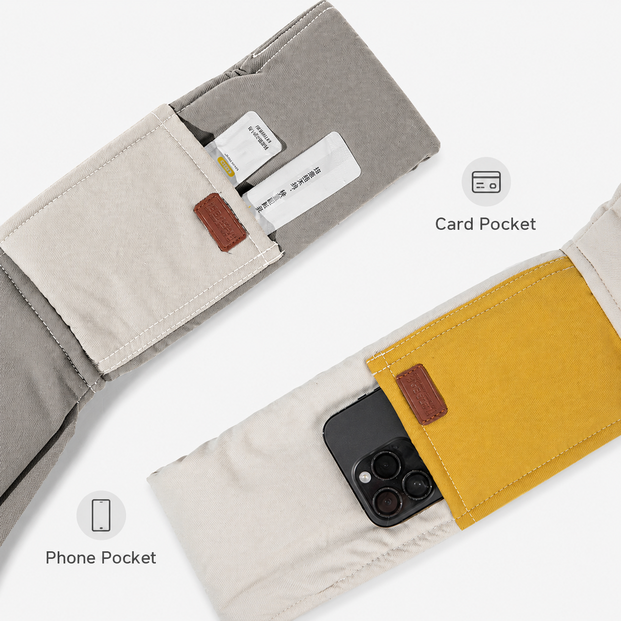 Phone pocket and card pocket on pet sling shoulder strap