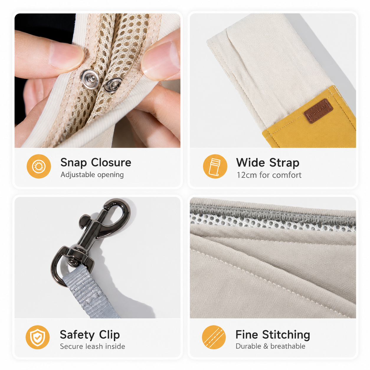 Cotton sling snap closure, wide strap, safety clip and stitching details