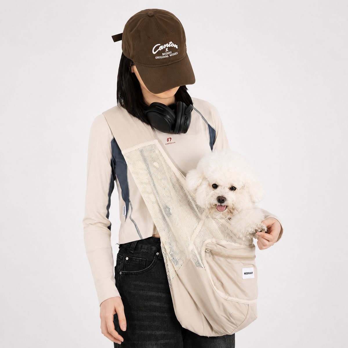 Small dog sitting in a beige breathable mesh sling