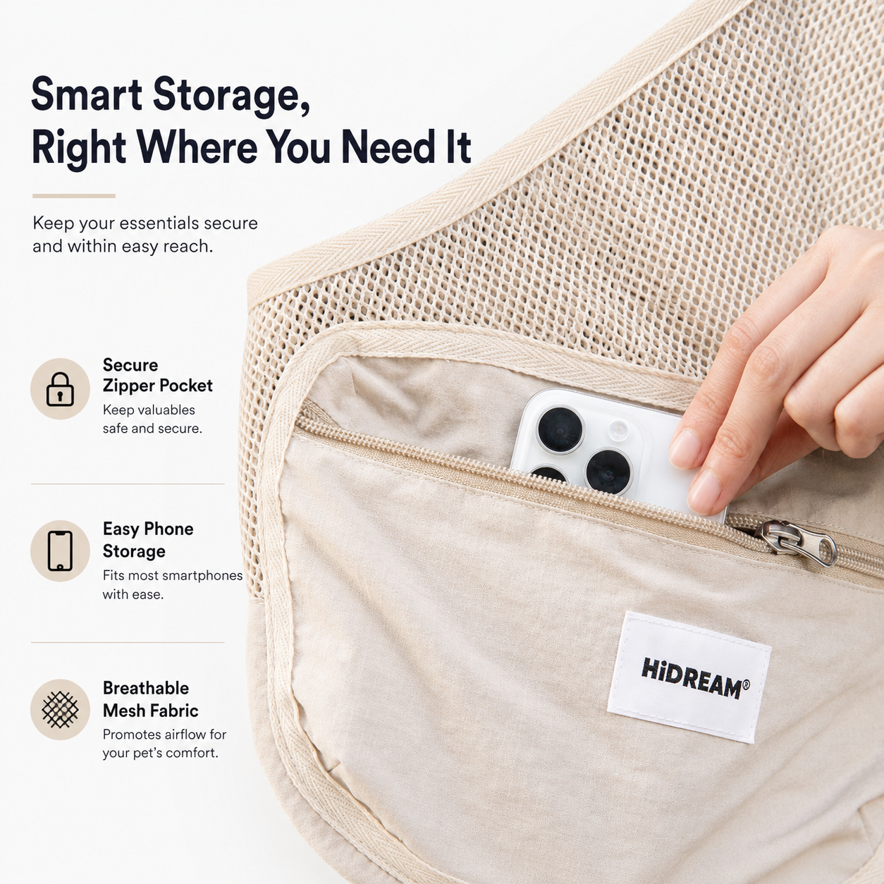 Phone placed inside the sling carrier zipper pocket