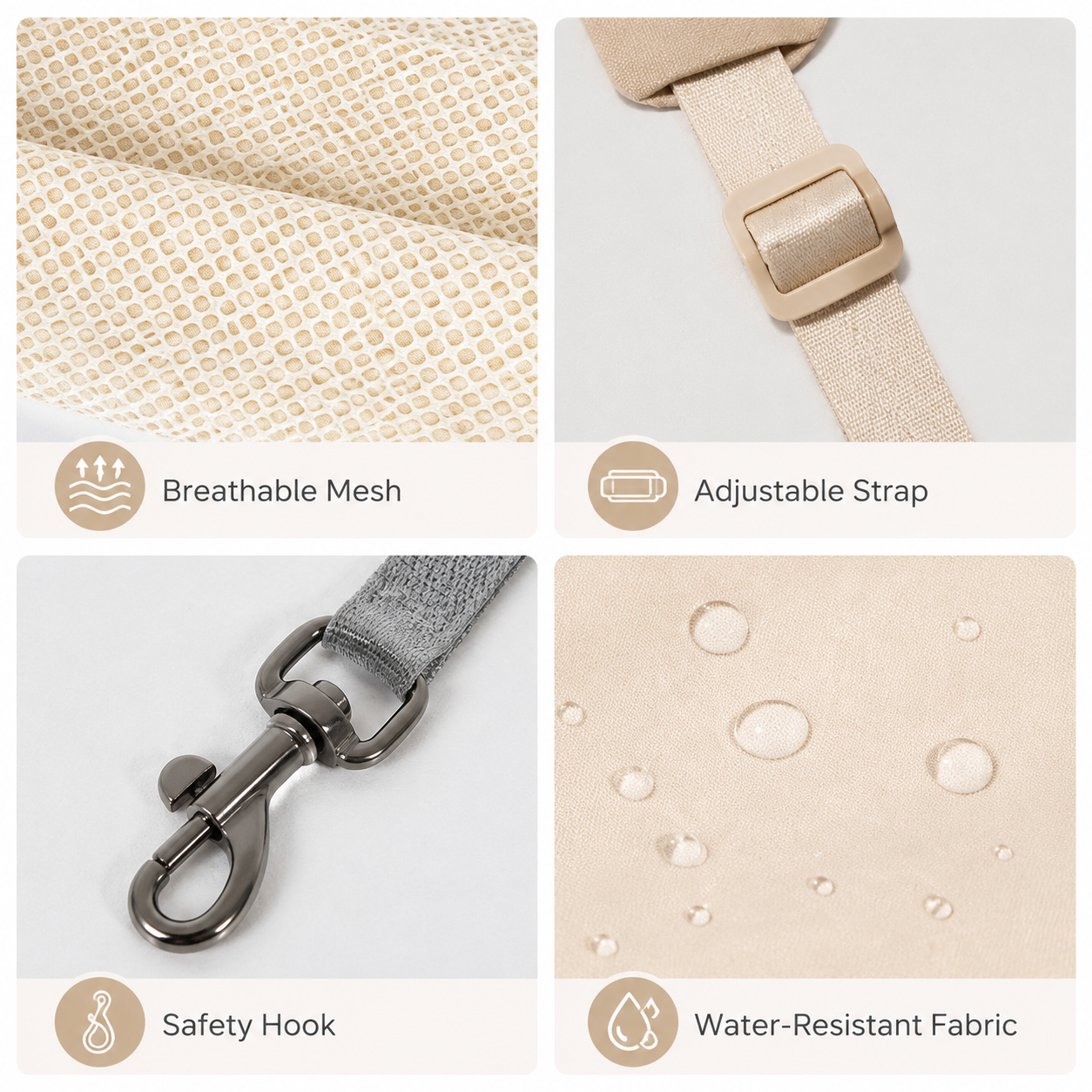 Pet sling mesh, strap, safety hook and water-resistant fabric details