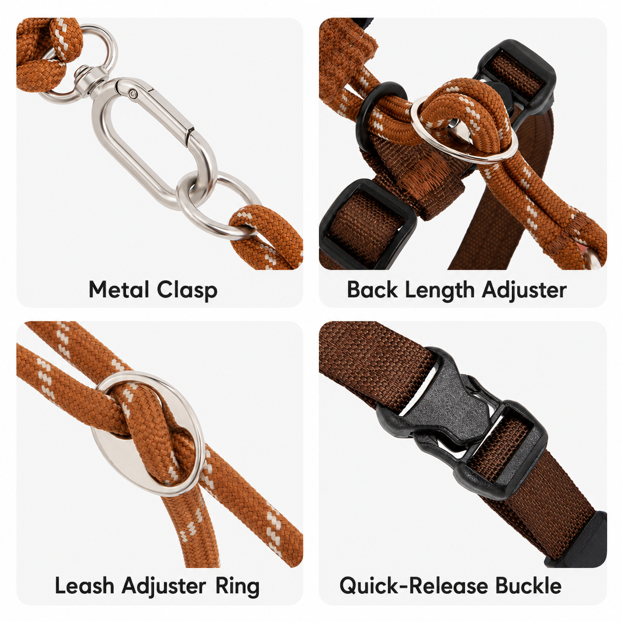 Metal clip, adjustment ring and quick-release buckle details