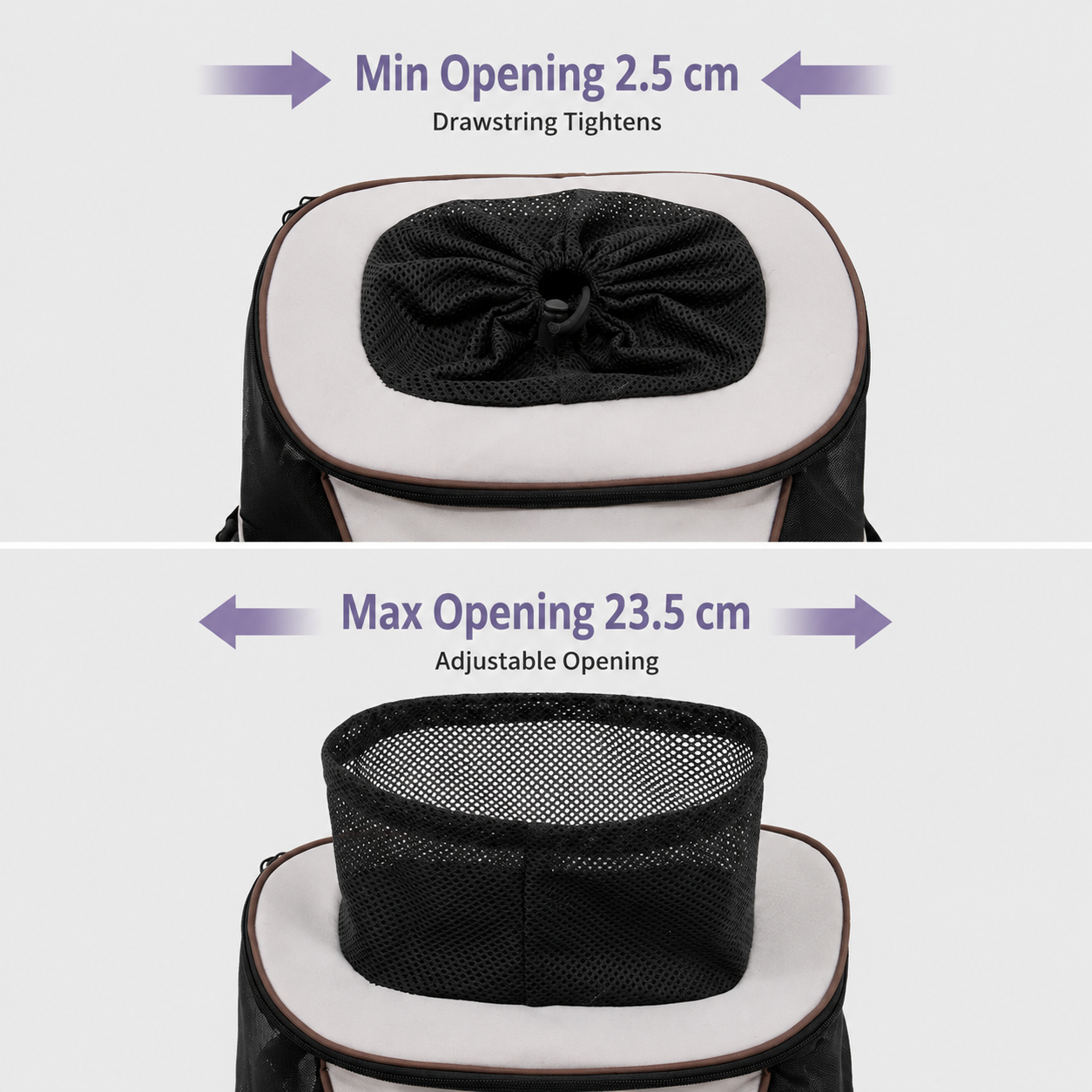 Adjustable drawstring opening from 2.5 to 23.5 cm