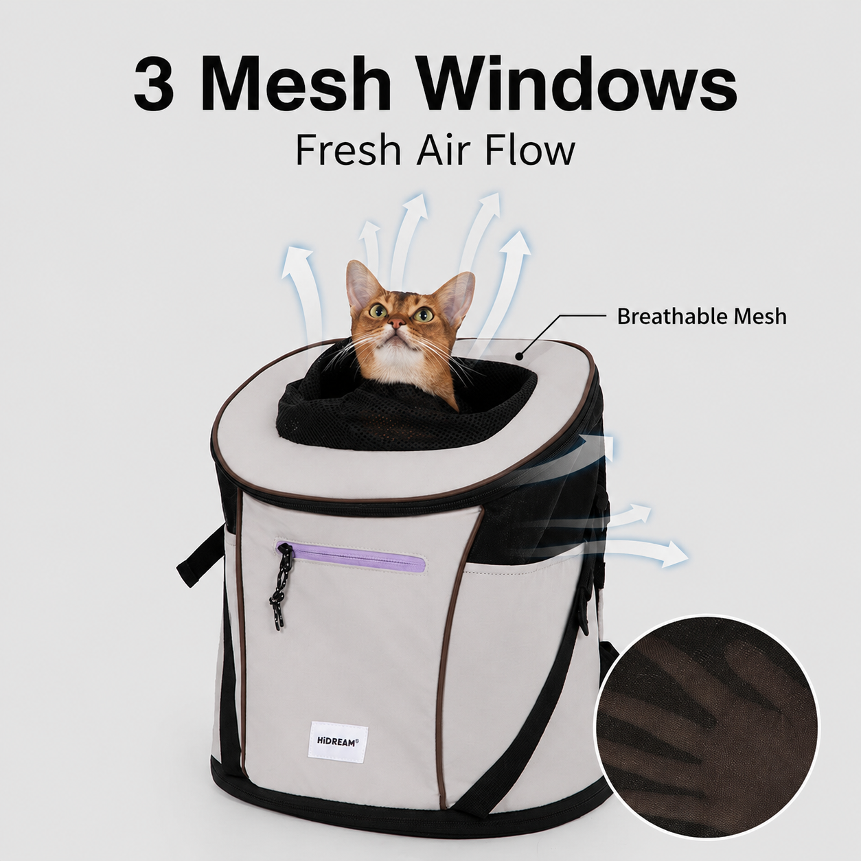 Three mesh ventilation windows on pet carrier backpack