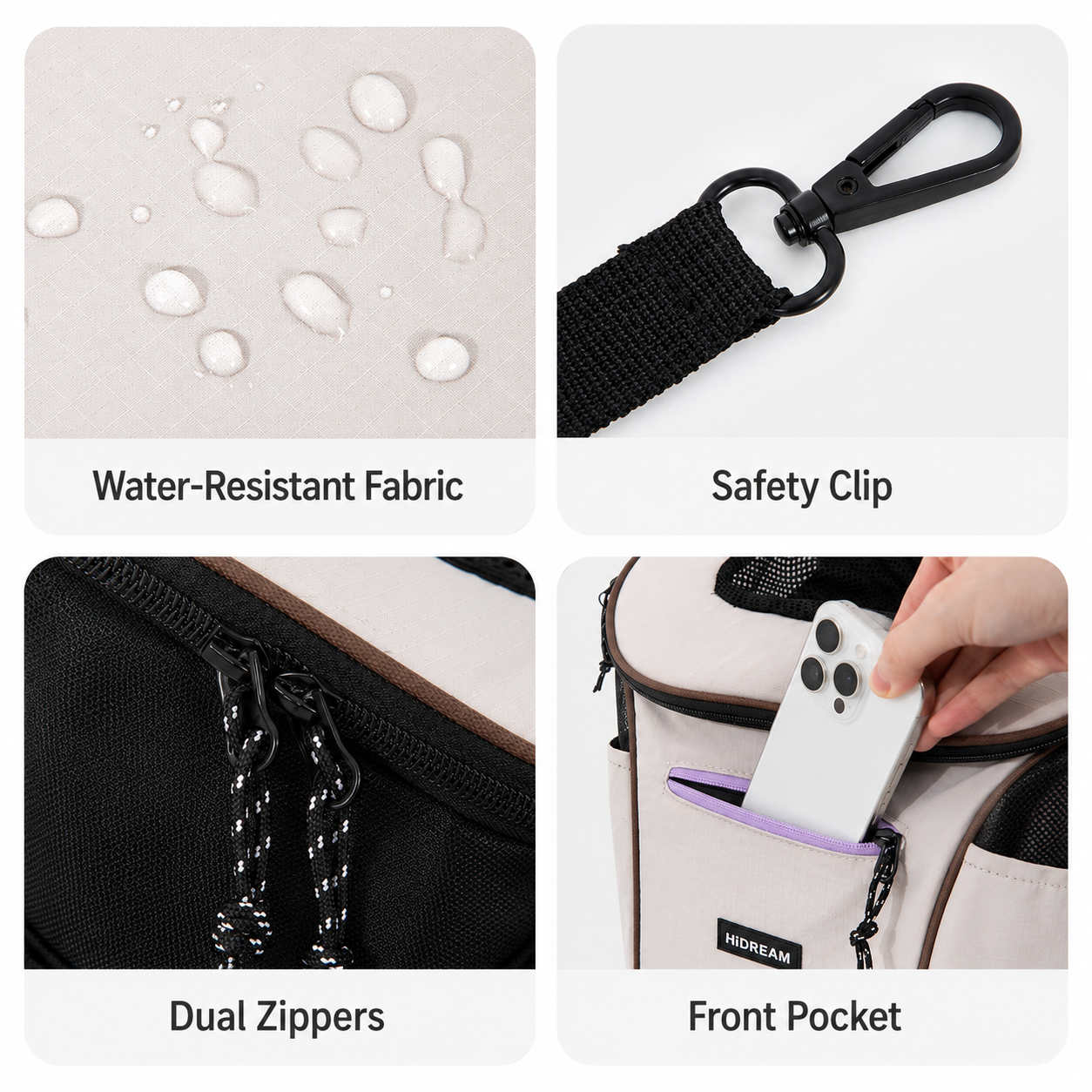 Water-resistant fabric, safety clip, dual zippers and pocket