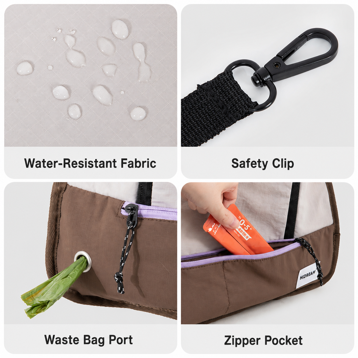 Water-resistant fabric, safety clip, waste bag port and zipper pocket