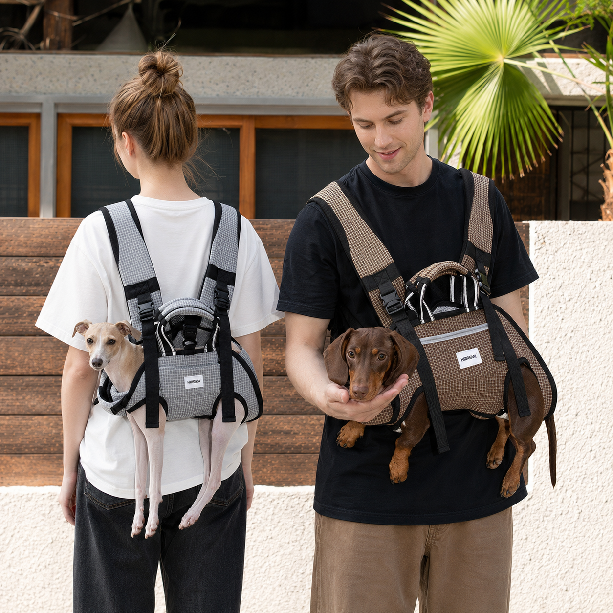 Gray and brown dog carrier backpacks worn on the front and back with small dogs