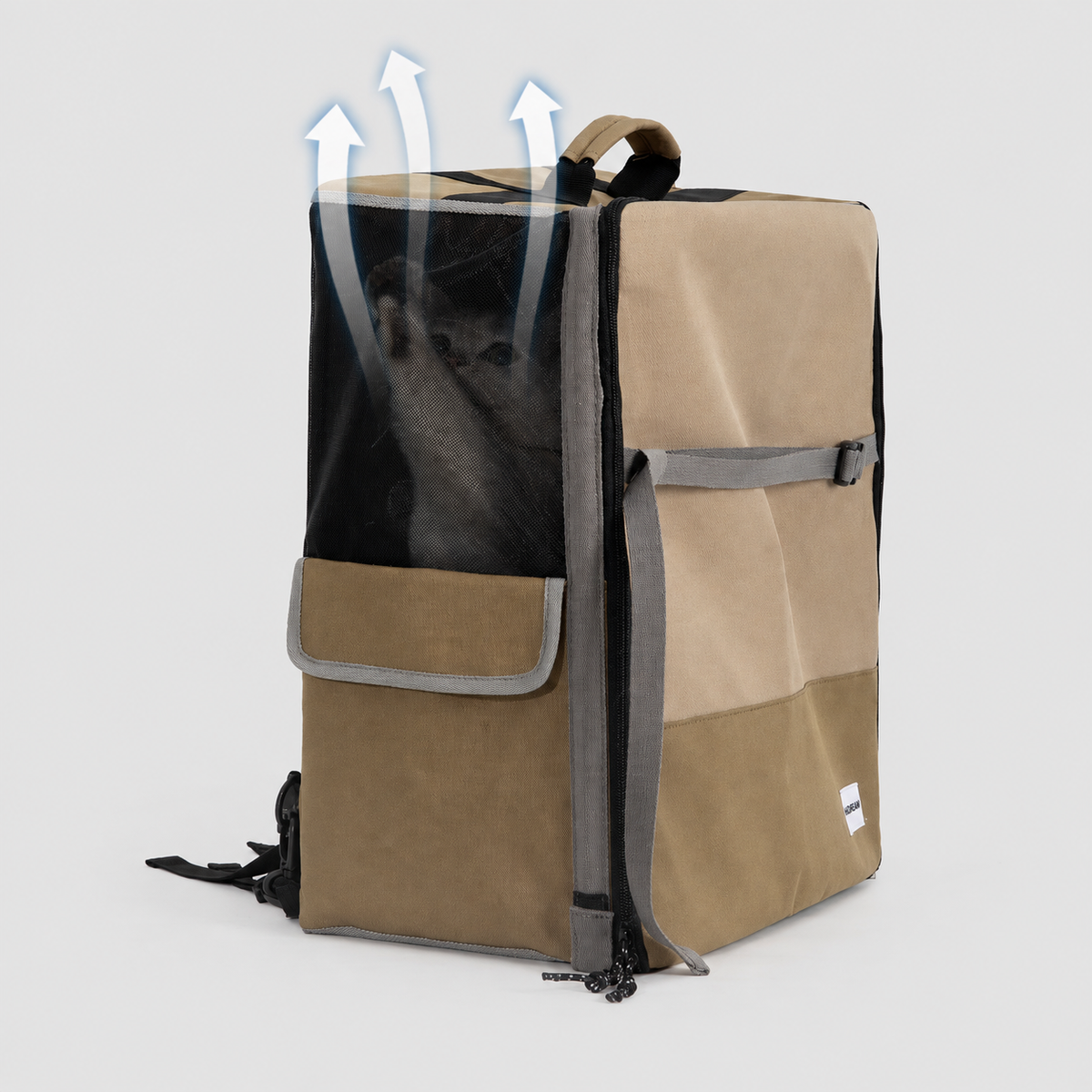 Breathable mesh panels on a convertible pet backpack