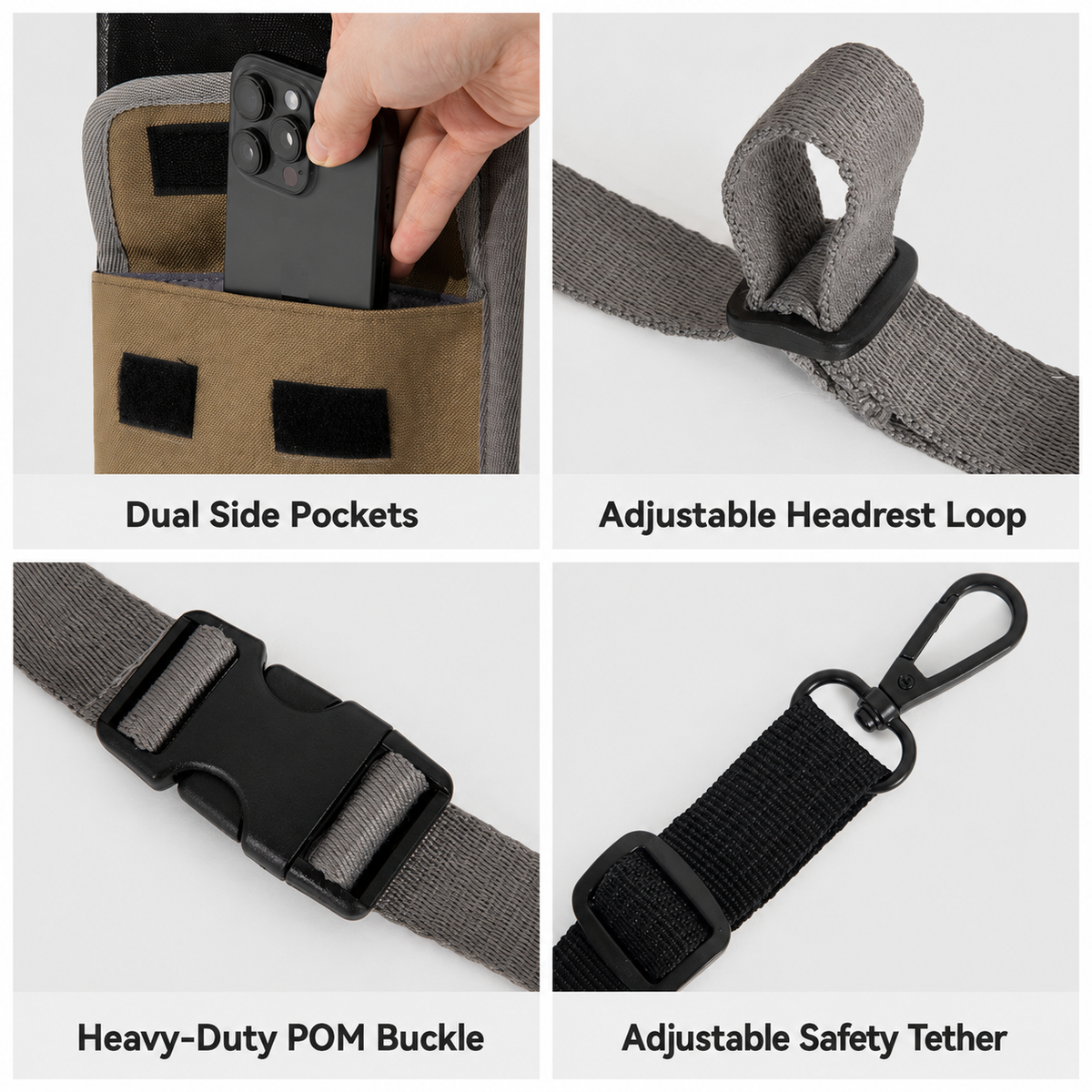 Storage pockets buckles headrest loop and safety tether