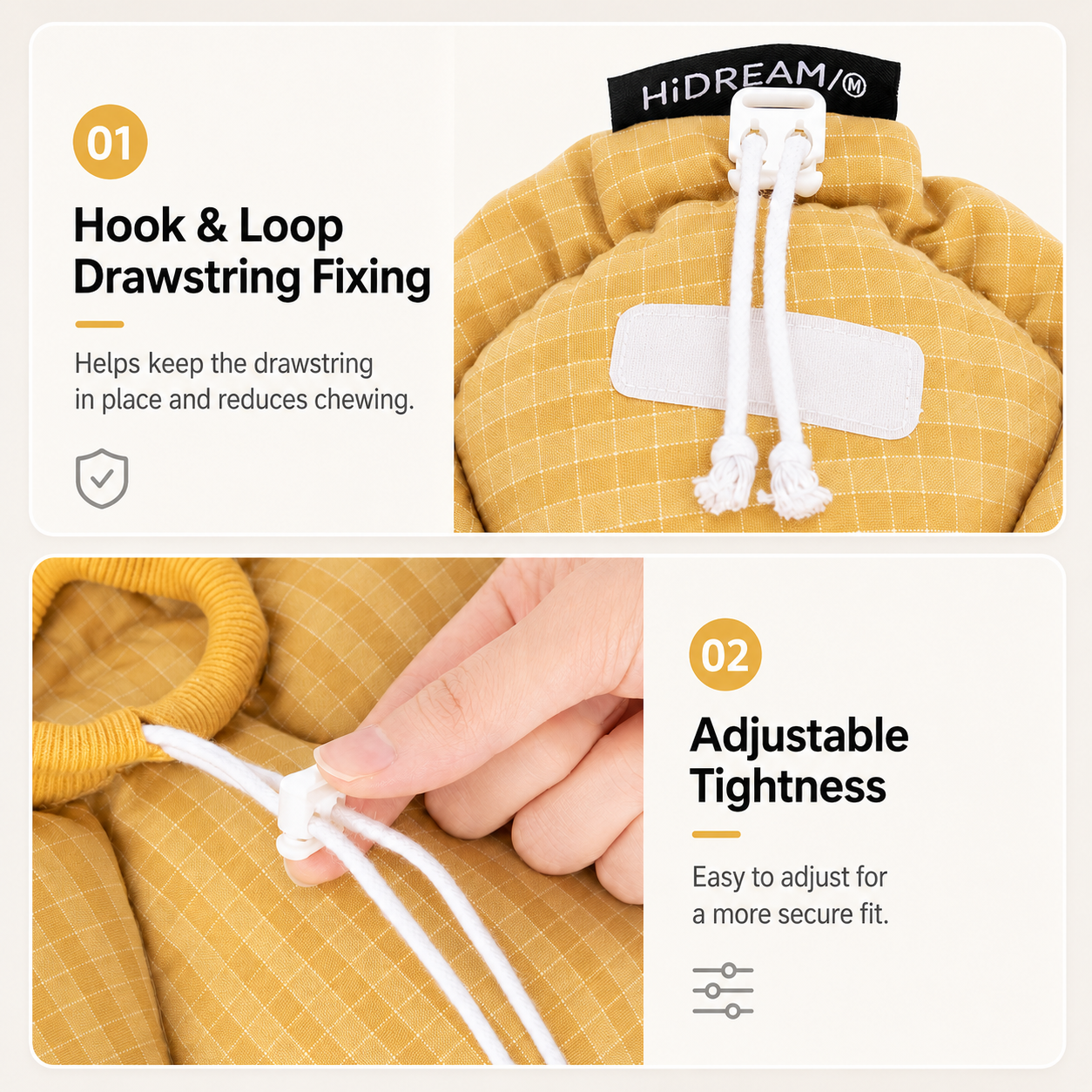 Adjustable drawstring and fixing patch details