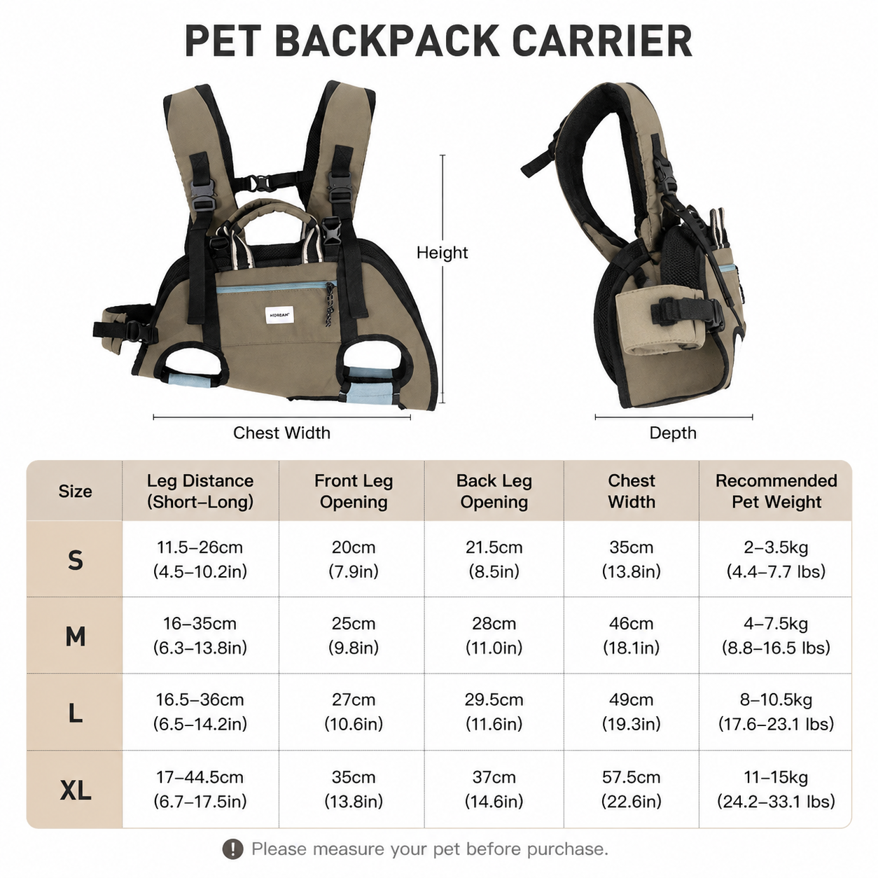 Ergonomic dog carrier backpack size chart
