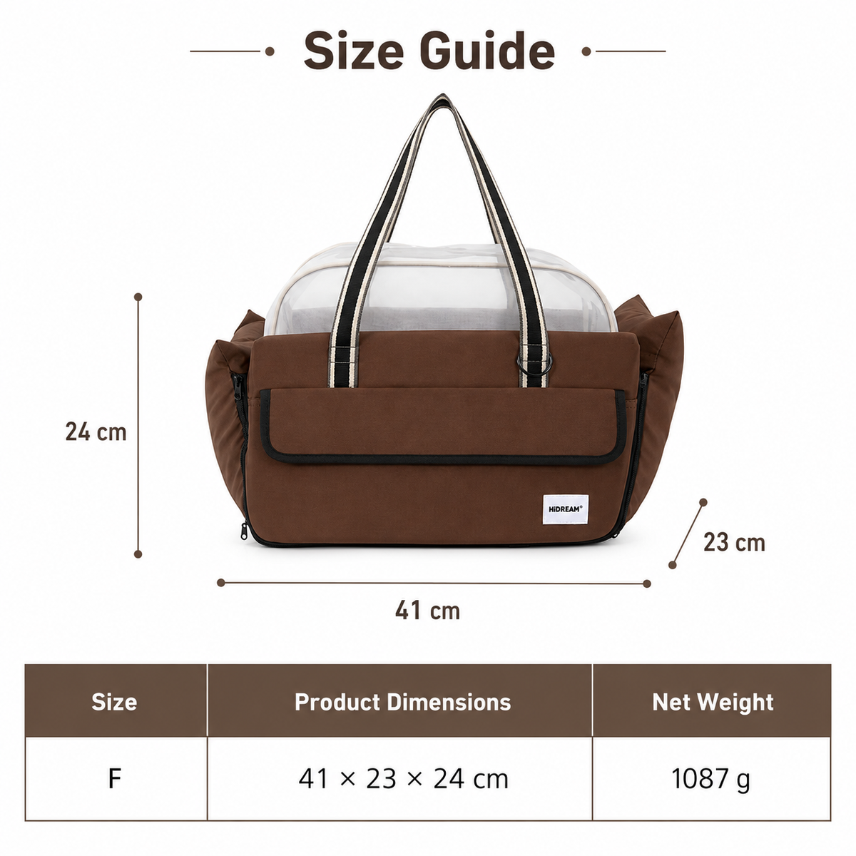 Size guide for F model pet carrier: 41×23×24 cm dimensions and 1087g net weight, ideal for small pets