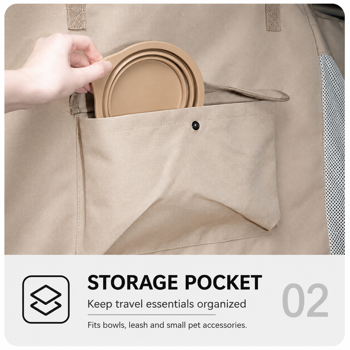 Travel bowl stored inside dog car hammock storage pocket