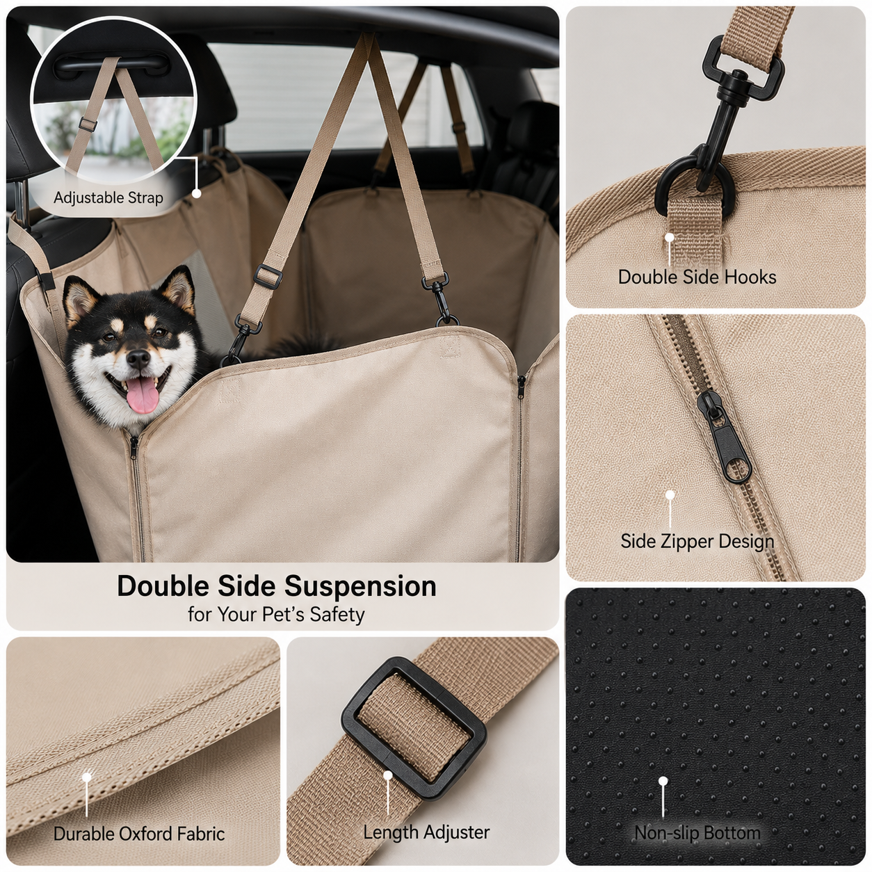 Adjustable straps hooks zippers Oxford fabric and non-slip bottom details