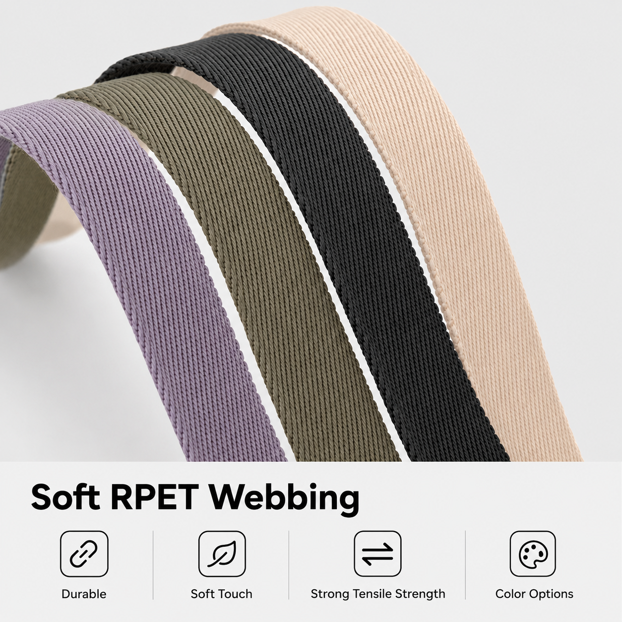 Soft RPET webbing shown in four colors
