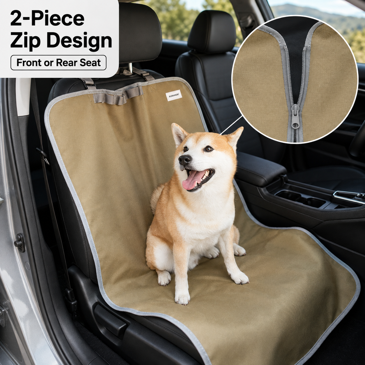 Two-piece dog car seat cover with central zipper