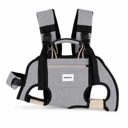 Gray hands-free dog carrier backpack with adjustable shoulder straps and padded leg openings