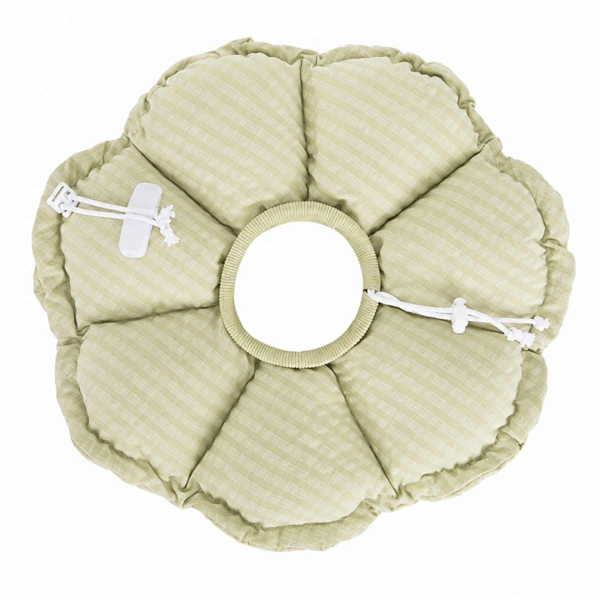Sage green plaid soft cat collar, overhead shot highlighting padded petals and secure toggle fastening